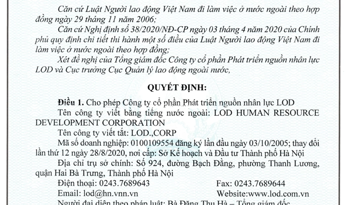 Giấy phép hoạt động dịch vụ đưa người lao động đi làm việc ở nước ngoài